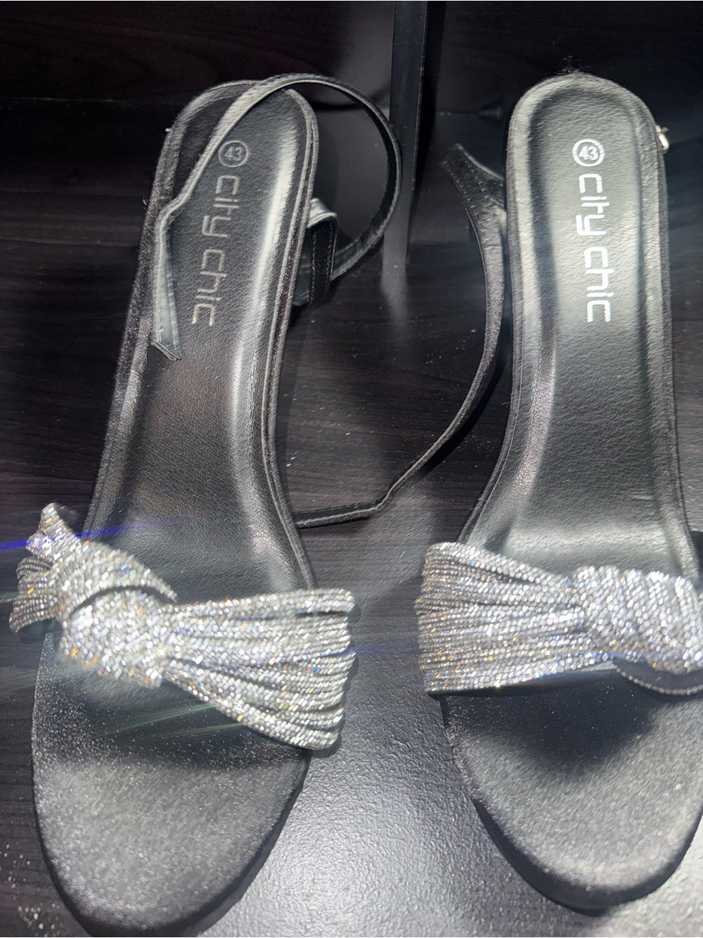 City Chic Black Heeled Sandals with Silver Crystal Bow Accents